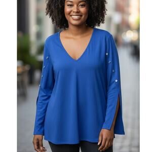 Melissa Paige Woman 1X Top Tunic Button Shoulders Slit Sleave Royal Blue Office